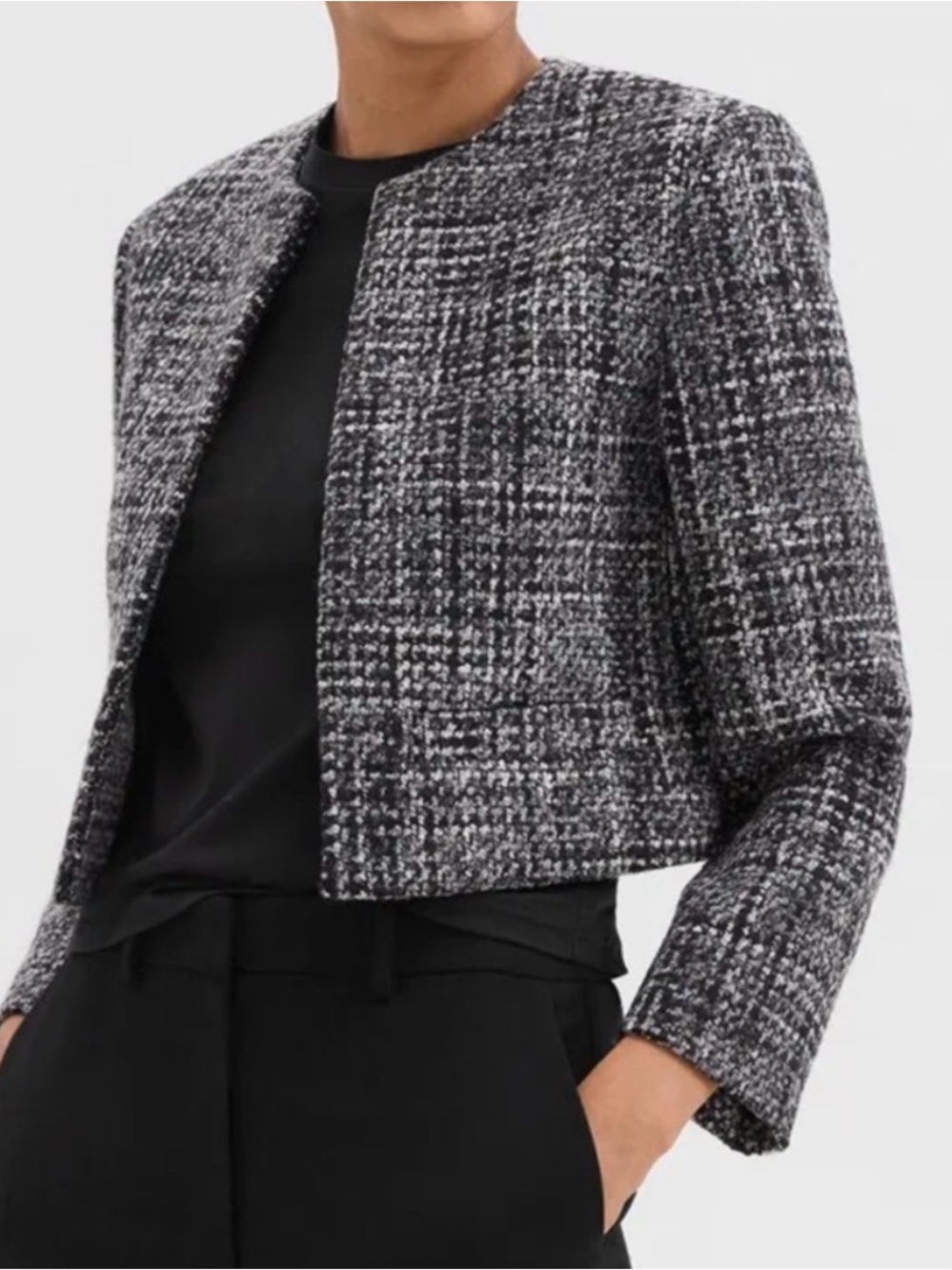 Theory Women’s Cropped Melange Tweed Jacket in Black & Gray sz 4